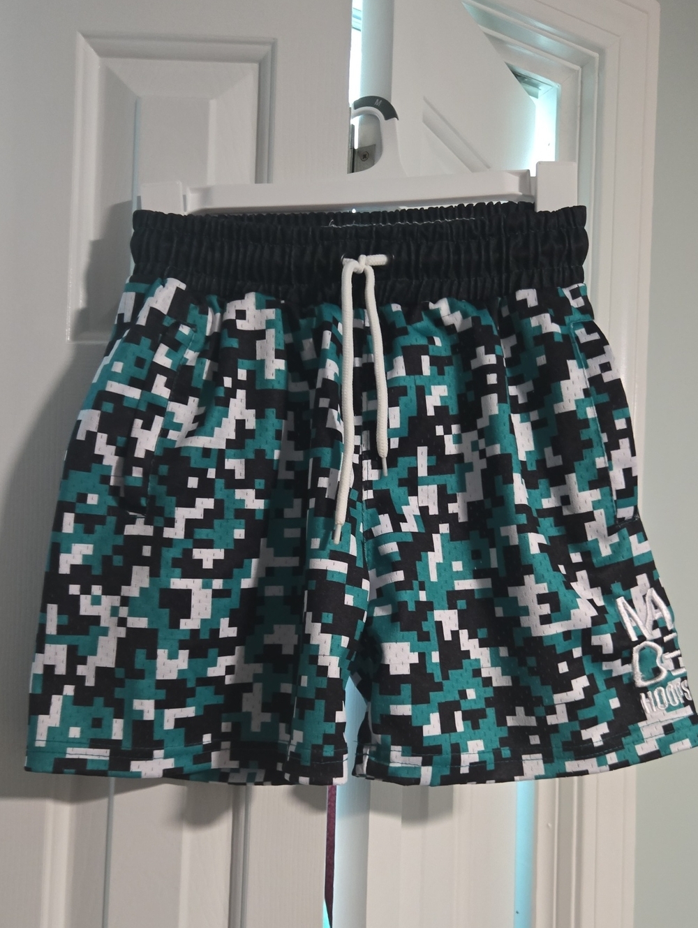 Kids' Pixel-Print Athletic Shorts in Teal, Black & White - Drawstring Waist